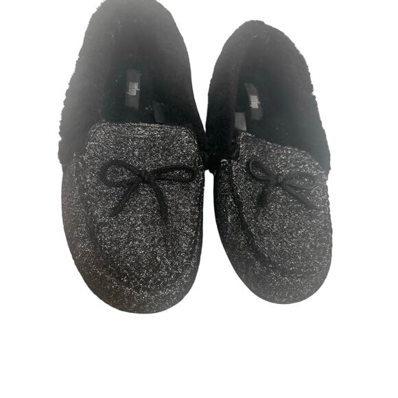 FitFlop Chrissie Glitzy Glitter Moccasin Slippers Black Faux Fur 6 cozy glam - Picture 4 of 8